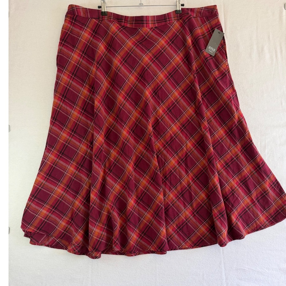 a.n.a A New Approach Red Orange Plaid Cotton A-Line Midi Skirt Plus Size 3X NWT
